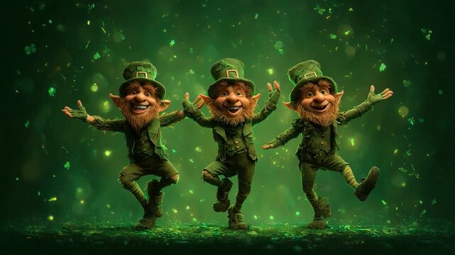  St. Patrick&rsquo;s Day leprechauns dancing, lined up next to each other, surrounded by green clovers and vibrant green tones. Seamless loop.