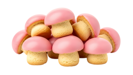 pink mushroom cookies stacked together on transparent background
