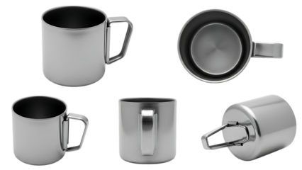 a silver metal cup presented from multiple angles on transparent background