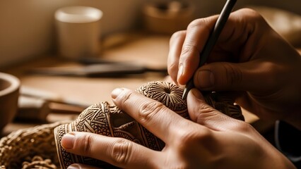 Obraz premium Craftsman intricately engraving detailed patterns on metal artwork