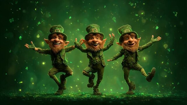  St. Patrick&rsquo;s Day leprechauns dancing, lined up next to each other, surrounded by green clovers and vibrant green tones. Seamless loop.