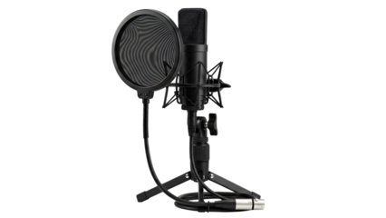 a black studio microphone with pop filter and stand on transparent background