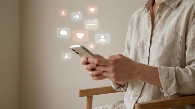 Person using smartphone with social media icons in a modern home setting, digital communication