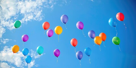 A vibrant array of colorful balloons floating against a clear blue sky, with a few clouds scattered in the background.