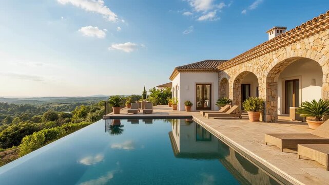 Stunning luxury villa with infinity pool and panoramic countryside views under clear blue sky