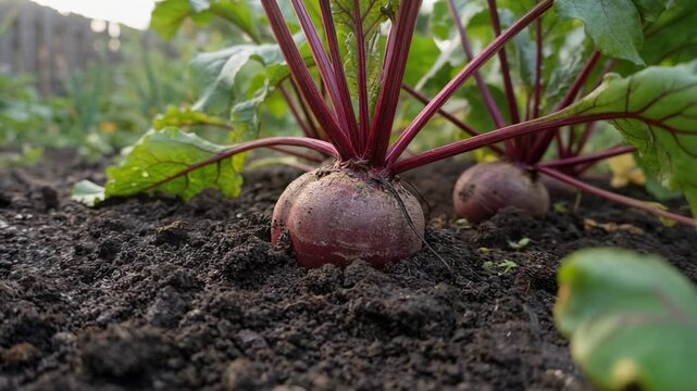 Freshly harvested beetroots growing in rich soil, vibrant green leaves in a garden setting