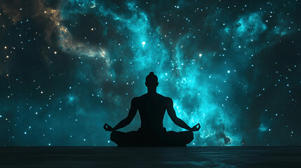 Seated monk meditates in front of a starry cosmic background at night Generative AI