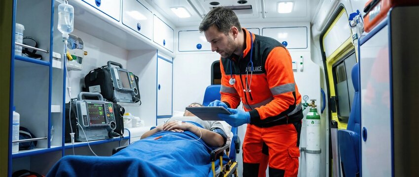 Paramedic using digital tablet while monitoring patient inside ambulance. Concept of emergency response workflow, mobile healthcare documentation, and ambulance interior operations. Banner