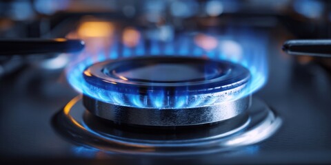 The gas stove burner with vivid blue flame on stainless steel cooktop closeup