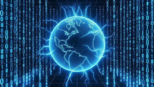 Futuristic glowing globe with binary code and electric energy bursts for technology concepts