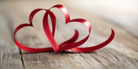 The Red Ribbon Hearts on a Rustic Wooden Surface with Soft Bokeh Background