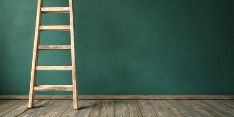 The Ladder Leaning Against a Green Wall on Wooden Floor in Minimal Interior