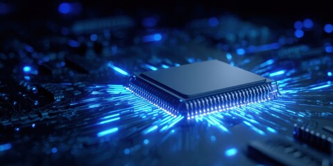 The Microchip Glowing on a Circuit Board with Futuristic Blue Light Effects