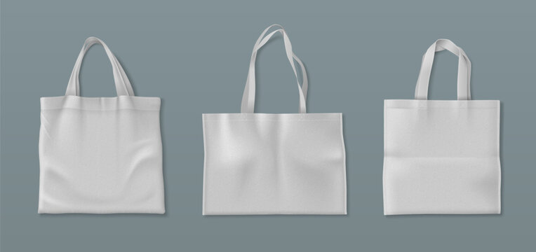 White cotton tote bag mockup with handles and pocket. Blank canvas shopper template for eco friendly branding. Realistic reusable fabric totebag vector illustration mock up for retail design.