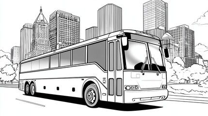 Modern city bus line illustration in urban setting. Concept of public transport coloring, urban mobility education, vehicle recognition learning, printable worksheets, and structured visual practice.