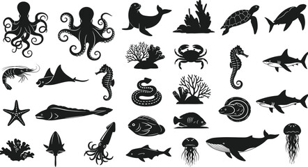 Sea animal silhouettes, marine wildlife icons, octopus shark turtle fish collection, black vector illustration, ocean creature set, isolated background © Itz Mehedi