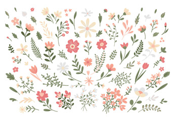 Spring abstract simple Flowers and Leaves set. Cute floral decor. Vector illustration © Feodora_21