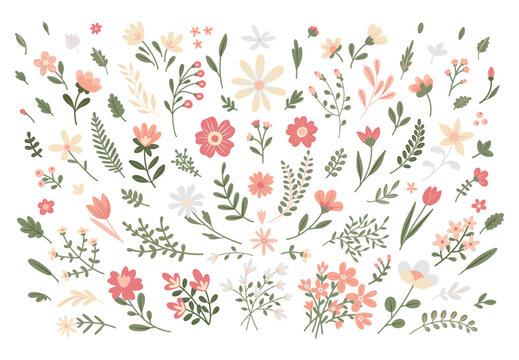 Spring abstract simple Flowers and Leaves set. Cute floral decor. Vector illustration