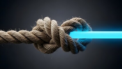 Strong industrial rope integrated with glowing blue fiber optic strand symbolizing digital connection high speed data transfer and modern infrastructure