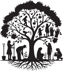Big tree with people gardening and playing on branches, roots below, vector silhouette illustration