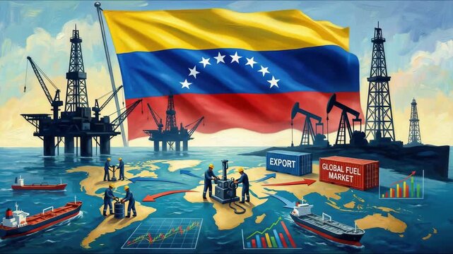 oil industry of venezuela . Oil rigs on the background of the venezuelan flag. Mining and oil export. trading on global fuel market. Fuel industry concept