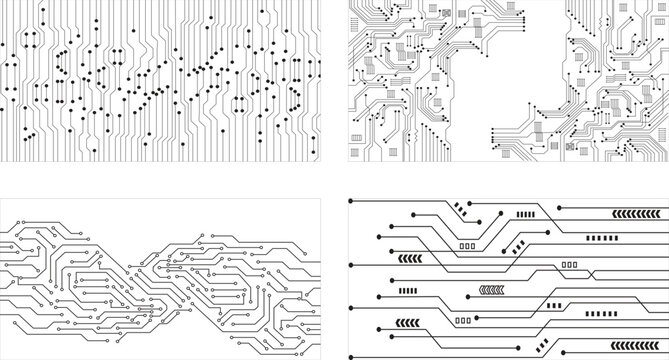 Circuit Board Pattern Icon Set Black Flat and Line Style PCB Symbol Collection Group of Microchip, Processor, Electronic, Semiconductor, Technology, Digital Hardware Vector