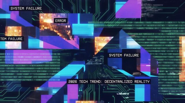 Abstract digital landscape with intentional glitch effects, shifting blocks of color, glowing green code fragments, cinematic distortion, 2026 tech trend.
