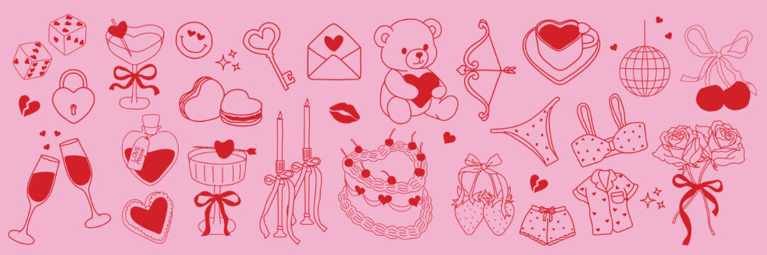 Valentine&rsquo;s Day hand drawn vintage doodle with hearts, love icons, teddy bear, cakes, bows. Cute love symbols for stickers, greeting cards, wrapping