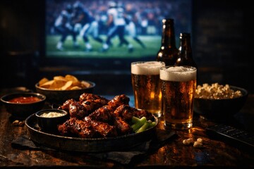 Chicken wings and beer for football game night at home. Concept of casual soccer watching, comfort food pairing and fan lifestyle content for advertising.