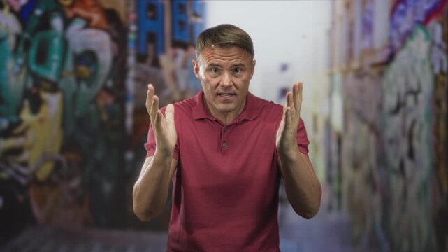 Man handsome hispanic with hands apart framing gesture, expressive face speaking to camera in a narrow graffiti street; frustration.