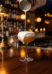 Bartender Pouring Creamy Cocktail with Foam into Coupe Glass at Elegant Bar