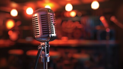 A vintage microphone stands in the foreground with a blurred bar background. Warm lights create a cozy atmosphere, ideal for live music events.