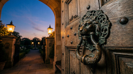 Antique Bronze Lion Head Door Knocker on Weathered Wood