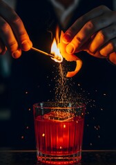 Bartender Flaming Orange Zest Over Cocktail with Sparks