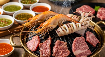 Asian BBQ Grill with Prawns, Squid, Beef, and Dipping Sauces