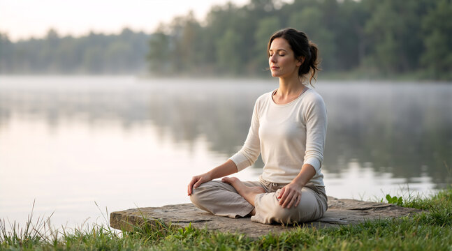 Woman meditating in lotus pose on a rock by a misty lake. Mindfulness and yoga practice in nature at dawn. Healthy lifestyle and mental wellness concept