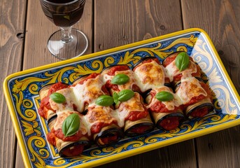 Baked Italian eggplant rolls with tomato sauce and cheese on rustic table