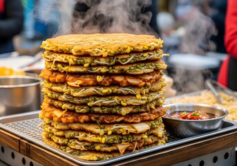 Steaming Korean Mung Bean Pancakes (Bindaetteok) Stacked High