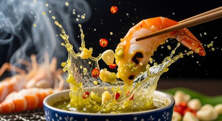 Grilled prawn dipping into spicy Thai green seafood sauce with dynamic splash