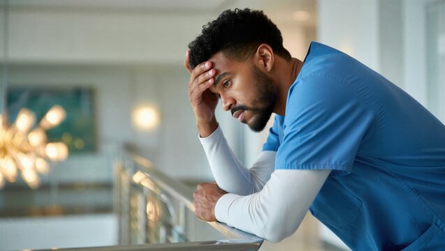 A male nurse in blue scrubs appears stressed while leaning on a railing, gazing out a window in a modern healthcare setting. Healthcare worker emotions.