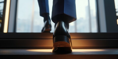 The Shoes of a Professional Walking Up an Escalator in a Corporate Setting