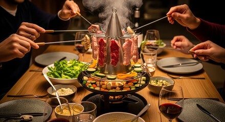 Friends enjoying Tatarenhut grill with hanging meat and vegetables at cozy dinner