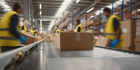 The box on a conveyor belt in a busy warehouse fulfillment facility with workers