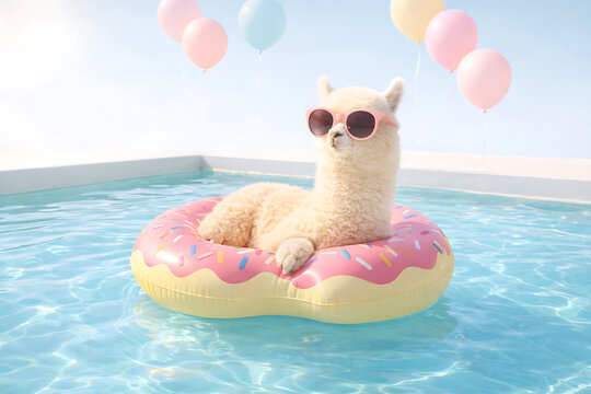 Adorable llama lounging on donut float in pool with balloons