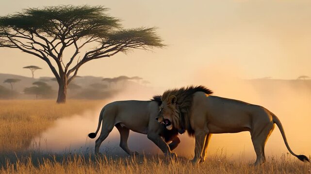 Twilight on the African savanna as two male lions clash in a cloud of dust, roaring and locking manes in a fierce territorial duel under a golden sunset