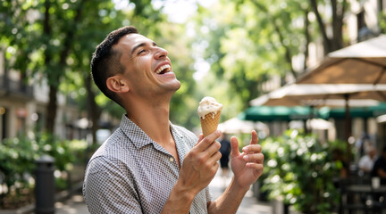 Joyful man laughing while holding an ice cream cone on a city street. Happy young person enjoying a sweet summer treat outdoors