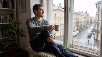 Man sitting on a windowsill with a coffee mug looking out the window. Thoughtful person relaxing at home on a rainy day in the city