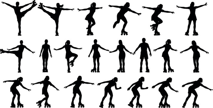 Collection of roller skater silhouettes featuring people skating performing stunts and dancing on quad skates isolated on a white background