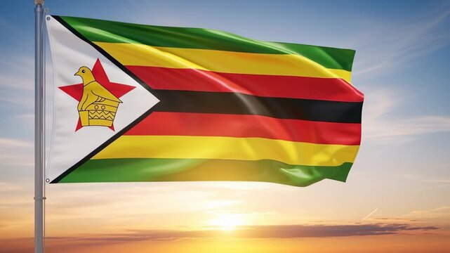 Zimbabwe flag waving on background sunrise sky