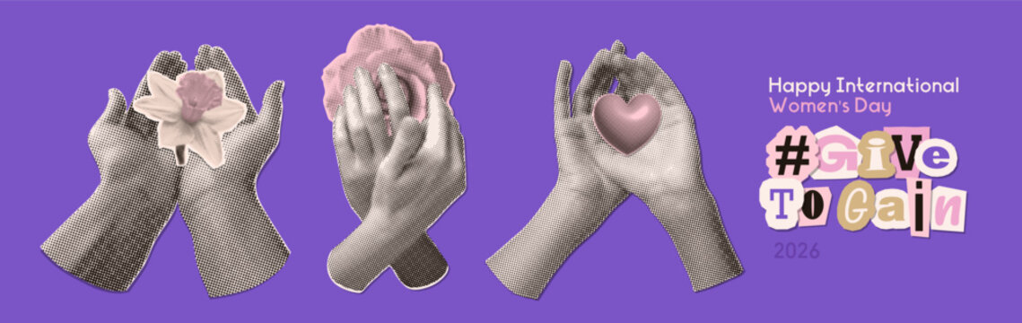 Set of Give to gain halftone collage with cupped woman hands holding flowers and heart. Givetogain campaign for womens day 2026. IWD2026. Vector vintage paper stickers in violet bg